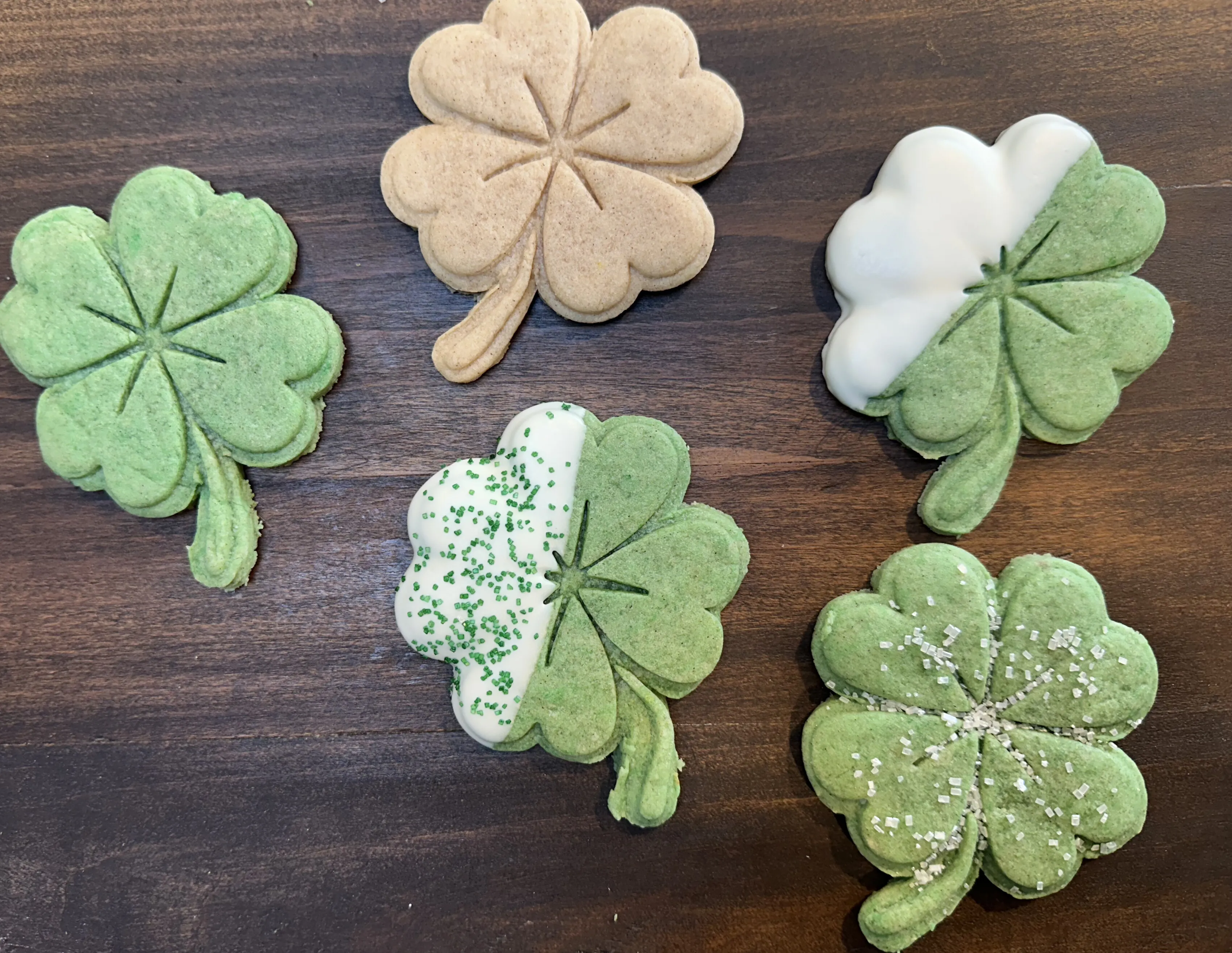 All five shamrock cookie decorating styles displayed together